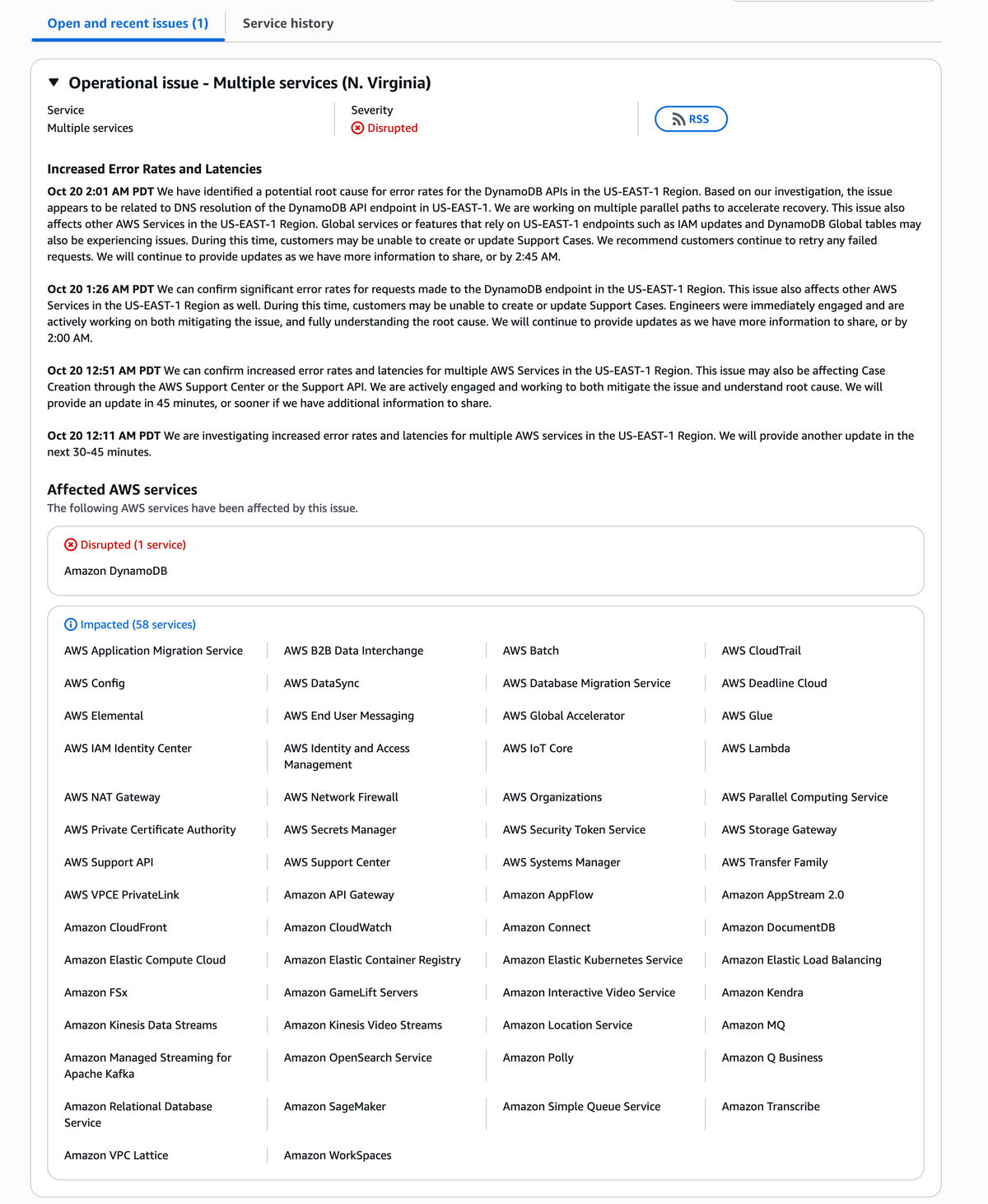 ⚠️ AWS Outage Deep Dive: 58 Services Impacted in US-EAST-1 Region — Root Cause Identified as DNS Resolution Issue