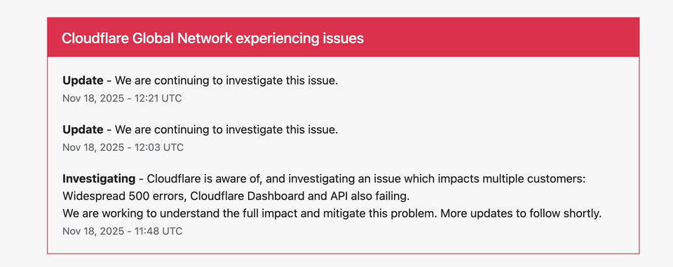 Cloudflare Outage Expands: Multiple Consecutive Updates as Investigation Intensifies